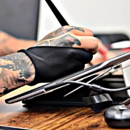Tatuowana ręka w rękawicy graficznej rysuje na tablecie graficznym za pomocą pióra, widoczny kabel i drewniany blat biurka.