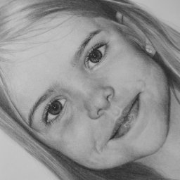 Antonina Rotari - Czarno-biały portret ołówkiem dziewczynki z długimi włosami, uśmiechająca się, z delikatnym cieniowaniem i widoczną fakturą papieru.