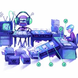 Ilustracja przedstawia proces tworzenia treści: robot z słuchawkami pisze tekst, który następnie przesyłany jest taśmociągiem do człowieka, który go redaguje i zatwierdza.