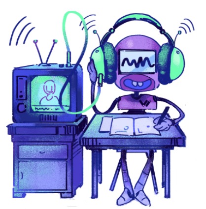 Kreskówkowy robot z ekranem zamiast twarzy, w słuchawkach, piszący w notatniku, obok stoi telewizor z uśmiechniętą postacią na ekranie.