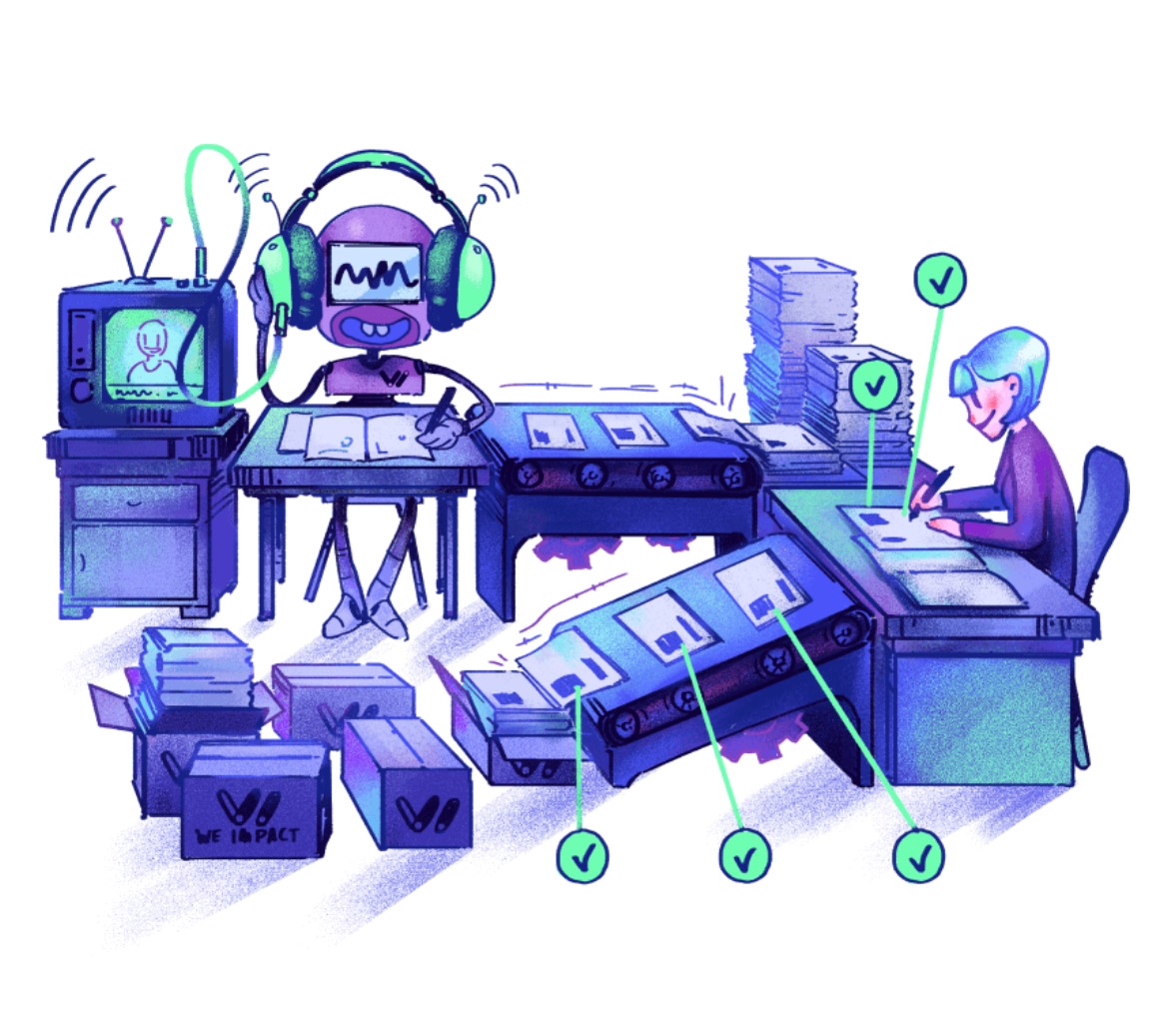 Ilustracja przedstawia proces tworzenia treści: robot z słuchawkami pisze tekst, który następnie przesyłany jest taśmociągiem do człowieka, który go redaguje i zatwierdza.