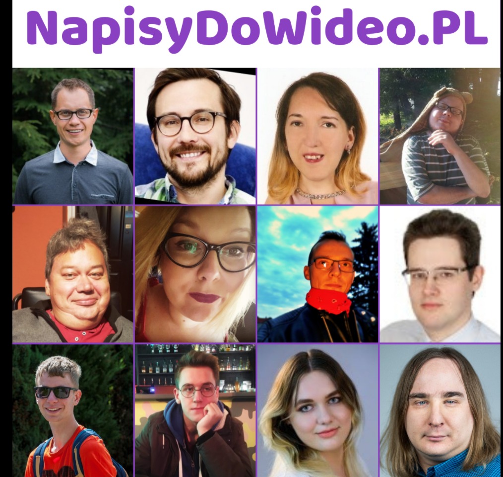 Mozaika portretów dwunastu osób o różnym wyglądzie, z nagłówkiem 'NapisyDoWideo.PL', sugerująca zespół specjalistów od napisów do filmów.