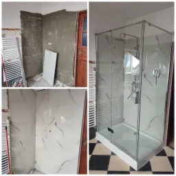 Etapy remontu łazienki: ściana przygotowana pod płytki, ułożone płytki z marmurowym wzorem oraz kabina prysznicowa z chromowanymi elementami.