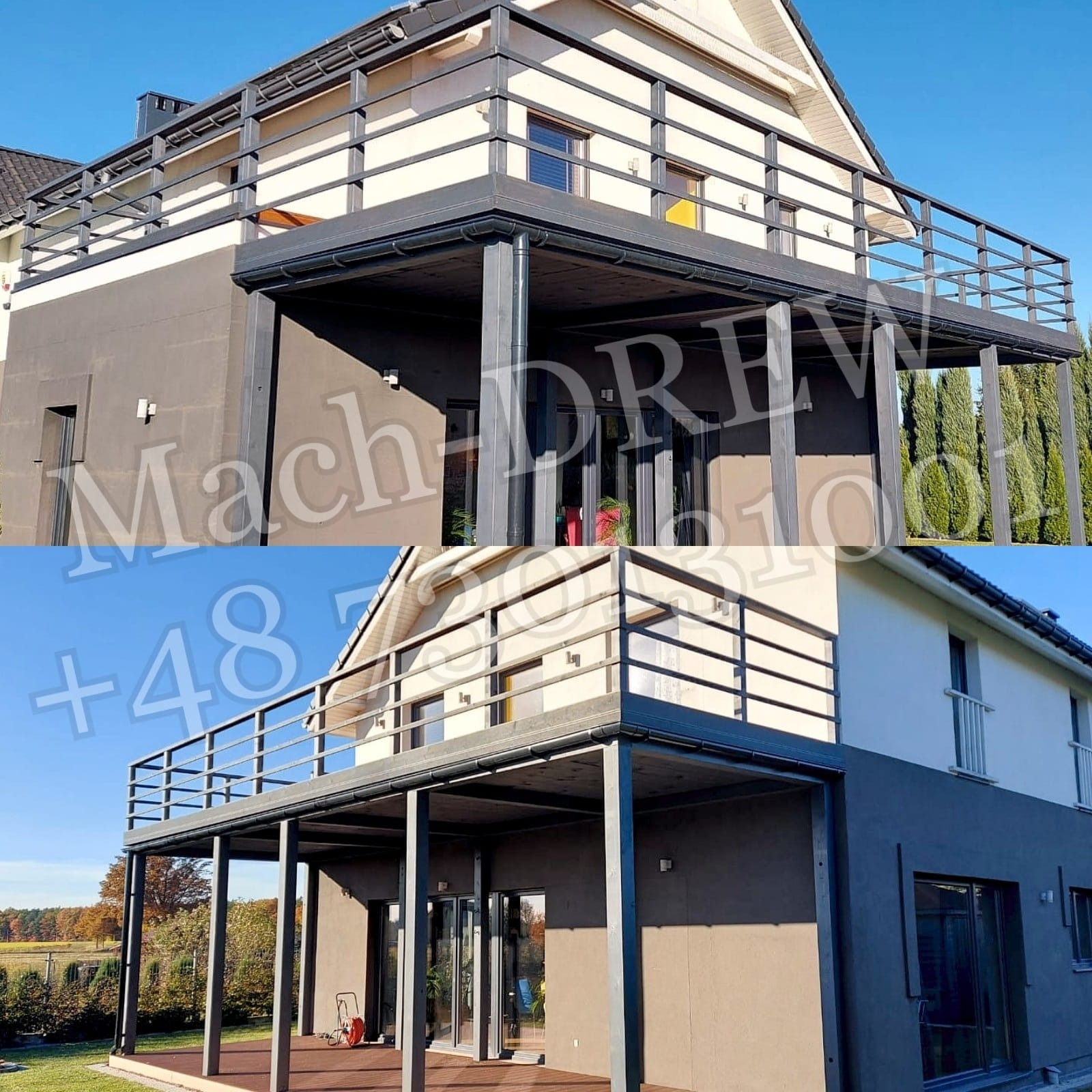 Nowoczesny taras z metalową konstrukcją w Bytomiu, zadaszony, z balustradą, widok na ogród i drzewa.