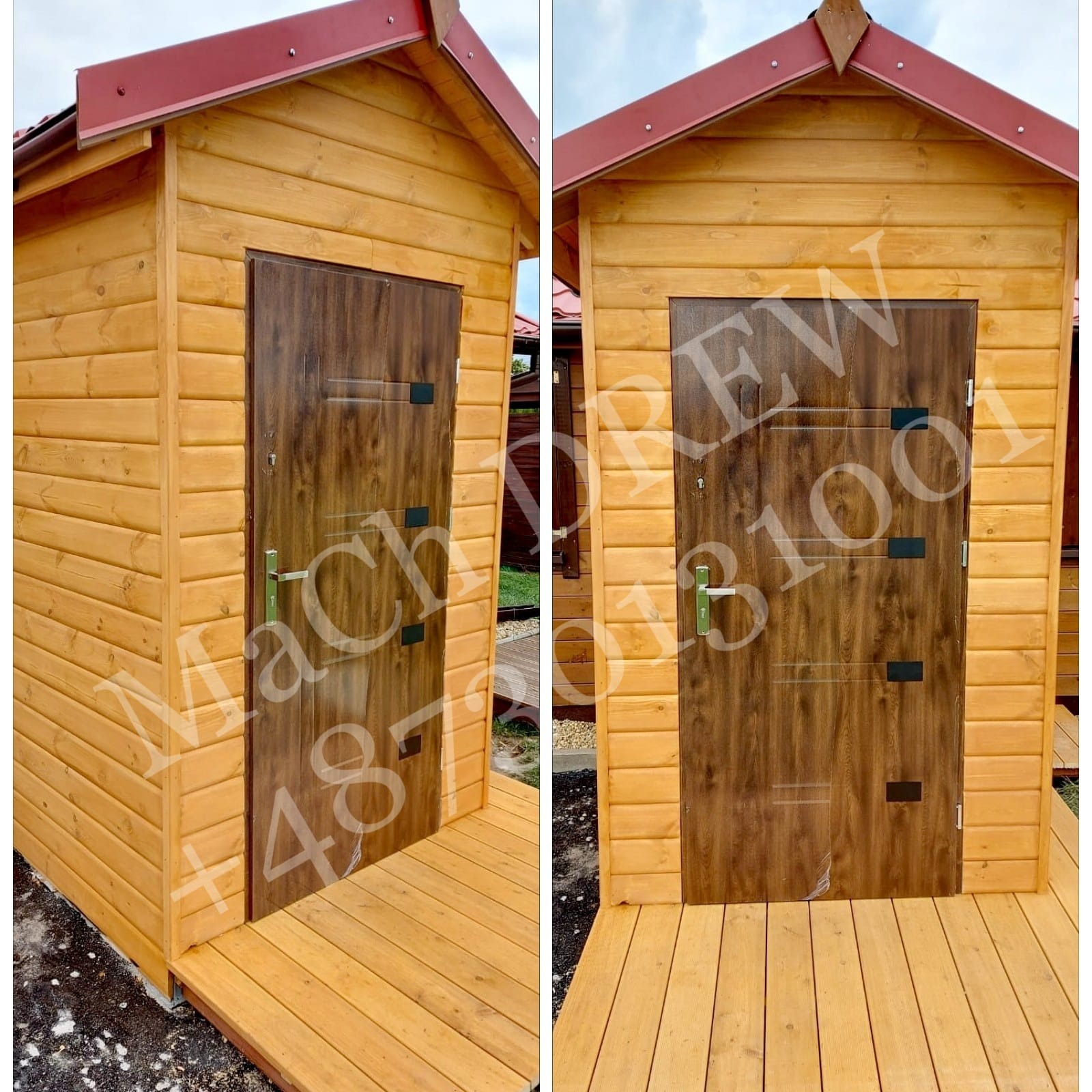 Drewniana budka narzędziowa z brązowymi drzwiami i czerwonym dachem, stojąca na drewnianym podeście.