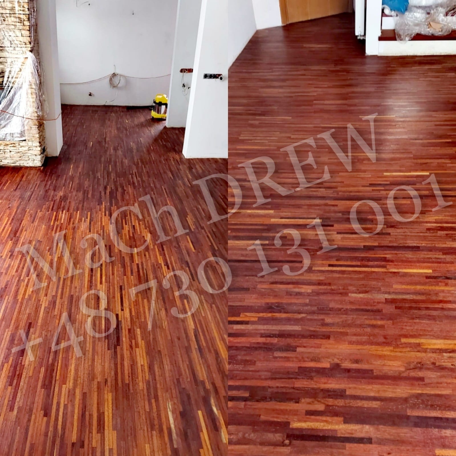 Ciemna, lakierowana podłoga z parkietu ułożonego w jodełkę w dwóch pomieszczeniach, widoczny odkurzacz przemysłowy i częściowo zakryty kominek z kamienia.