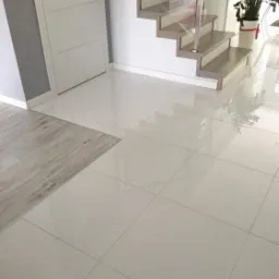 Błyszcząca, jasna podłoga z płytek ceramicznych w holu, z widocznym fragmentem drewnopodobnej podłogi i schodami z szarymi stopniami oraz przeszkloną balustradą. W tle widoczna roślina doniczkowa.