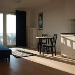 Jasne wnętrze mieszkania z drewnianą podłogą, okrągłym stołem z czarnymi krzesłami, częściowo widoczną sofą i wzorzystym dywanem w promieniach popołudniowego słońca.