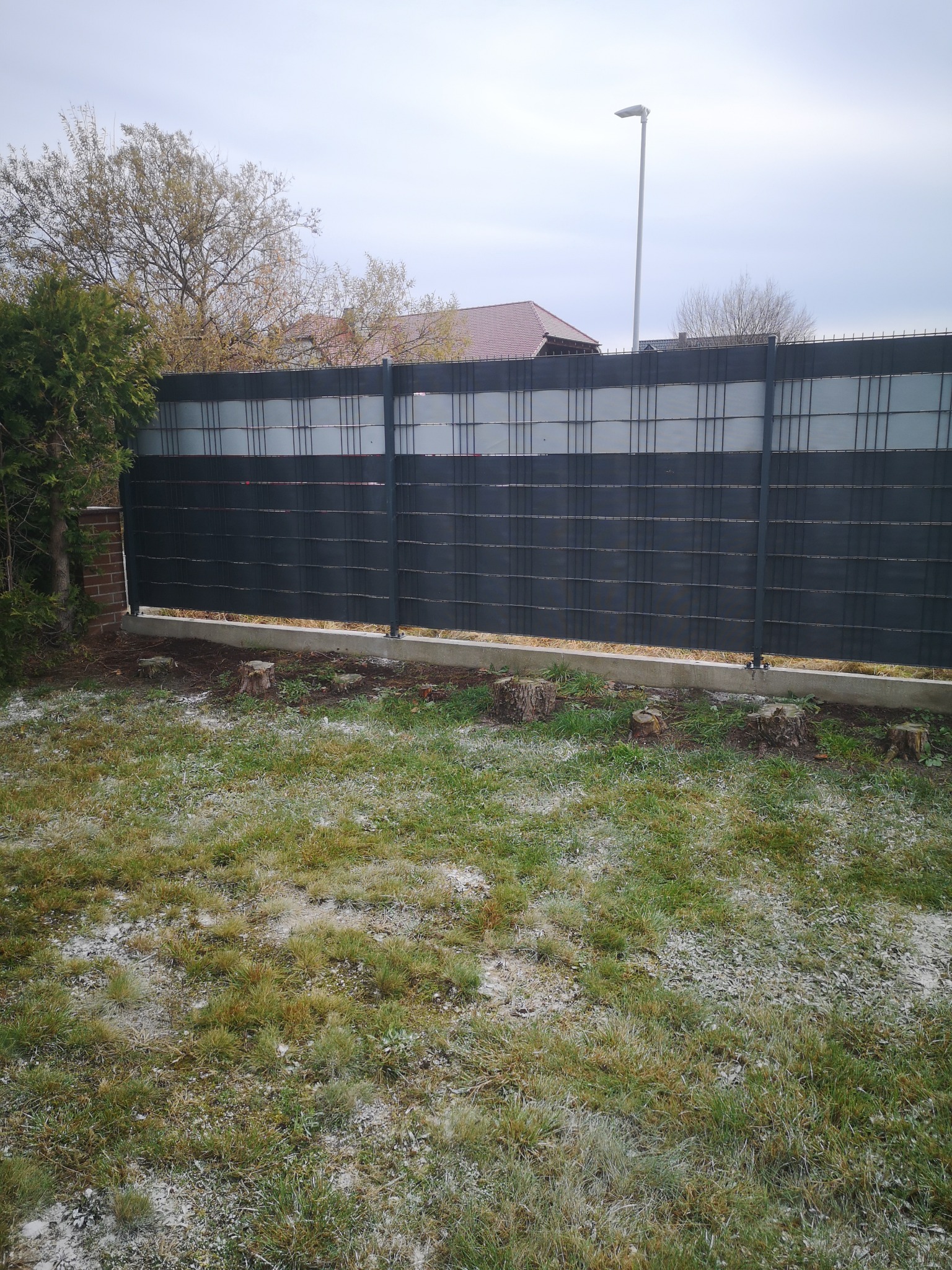 Nowoczesne, czarne ogrodzenie panelowe z podmurówką betonową, widoczne z perspektywy trawnika z pniakami po wyciętych drzewach. W tle dom i latarnia.