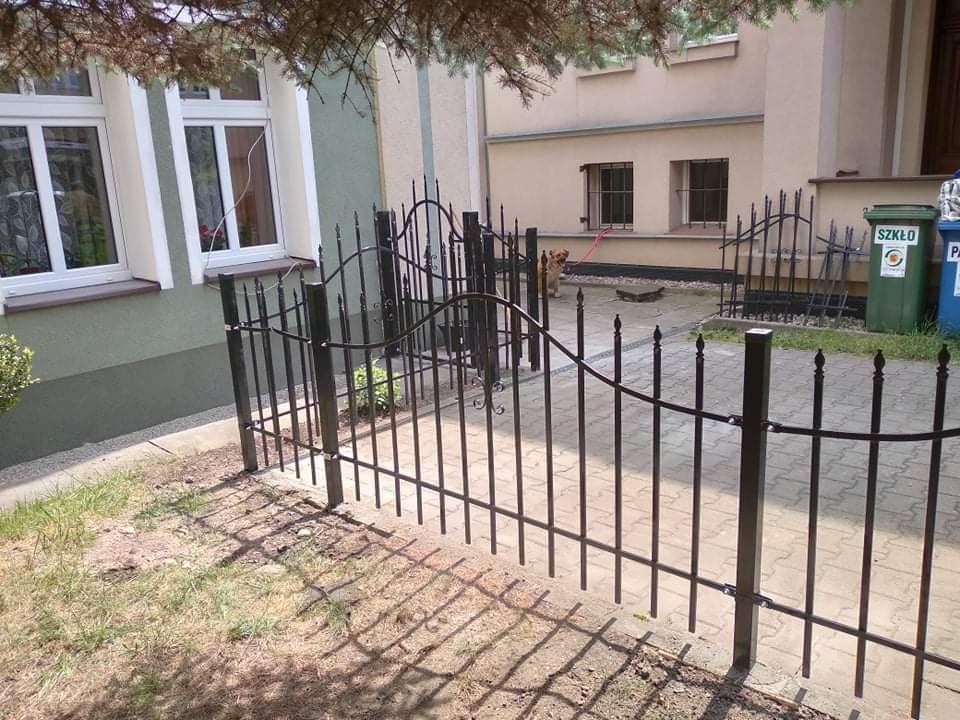 Nowoczesne czarne metalowe ogrodzenie posesji z dekoracyjnymi grotami, widok na budynek z oknami i psa na smyczy w tle.