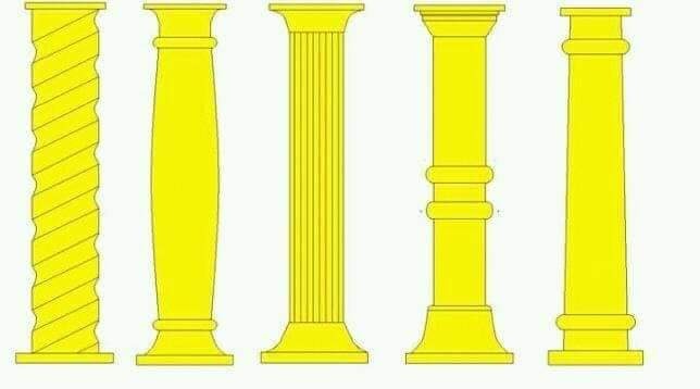 Ilustracja przedstawia pięć różnych stylów kolumn architektonicznych w kolorze żółtym na białym tle, prezentujących przekroje i detale konstrukcyjne.