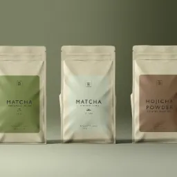 Trzy torebki z herbatą Matcha i Hojicha w minimalistycznym stylu, z etykietami w odcieniach zieleni i brązu, na jednolitym tle. Elegancki design opakowań.