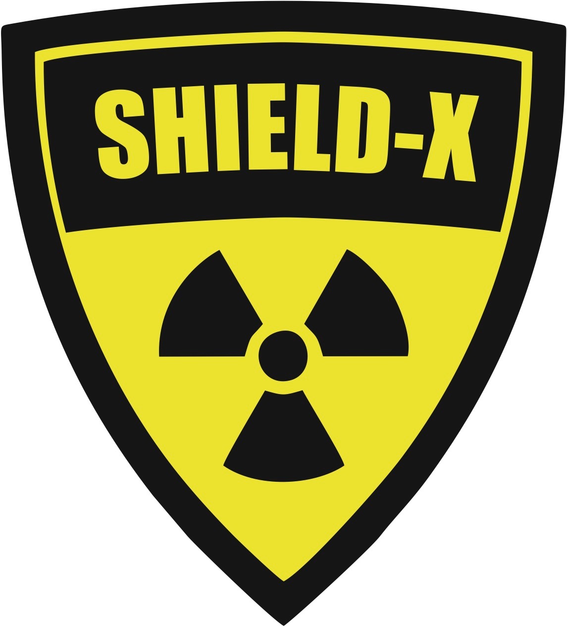 Żółto-czarny znak ostrzegawczy w kształcie tarczy z napisem SHIELD-X i symbolem promieniowania.