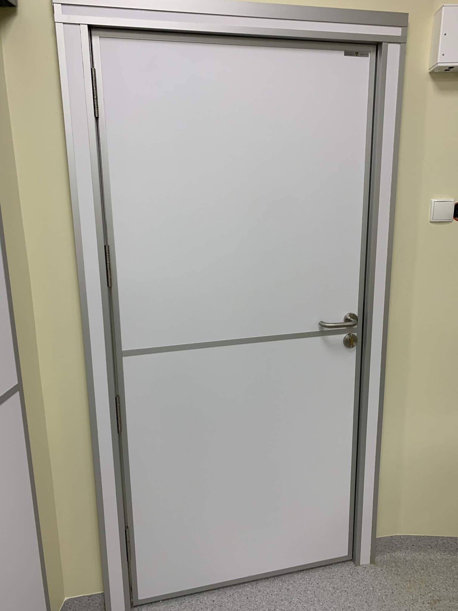 Zamknięte białe skrzydło w srebrnej ościeżnicy z poziomym panelem, widoczne zawiasy i klamka na tle beżowej ściany i szarej podłogi.