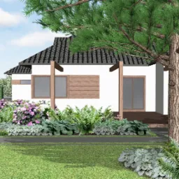 Wizualizacja ogrodu w stylu japońskim z białym domem, drewnianymi elementami architektonicznymi, roślinami ozdobnymi, kulistymi lampami i trawnikiem.