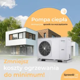 Biała pompa ciepła Midea na tle nowoczesnego domu z dużymi oknami, hasło reklamowe 'Pompa ciepła: ekologiczny sposób na oszczędzanie'.