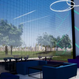 Wizualizacja wnętrza biura z dużym oknem na park i miasto, nowoczesne meble w odcieniach niebieskiego i fioletu, minimalistyczne oświetlenie sufitowe.