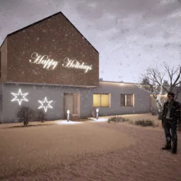 Wizualizacja domu jednorodzinnego w zimowej scenerii z napisem 'Happy Holidays' na fasadzie i podświetlonymi gwiazdami, mężczyzna w płaszczu stoi na ścieżce przed budynkiem.