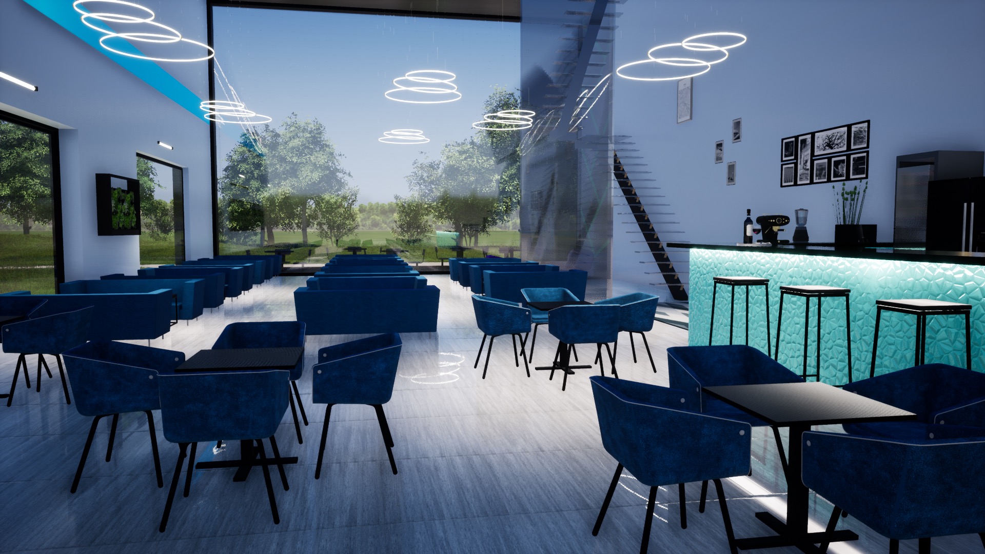 Wizualizacja przestronnego wnętrza biurowego z niebieskimi krzesłami i stolikami, oświetlonego nowoczesnymi lampami wiszącymi, z dużym oknem z widokiem na zieleń i podświetlanym barem w tle.