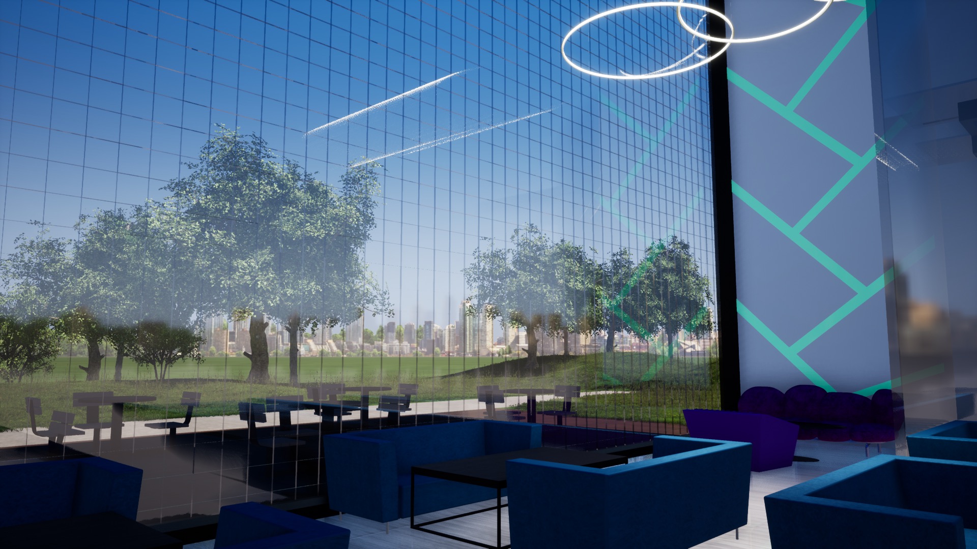 Wizualizacja wnętrza biura z dużym oknem na park i miasto, nowoczesne meble w odcieniach niebieskiego i fioletu, minimalistyczne oświetlenie sufitowe.