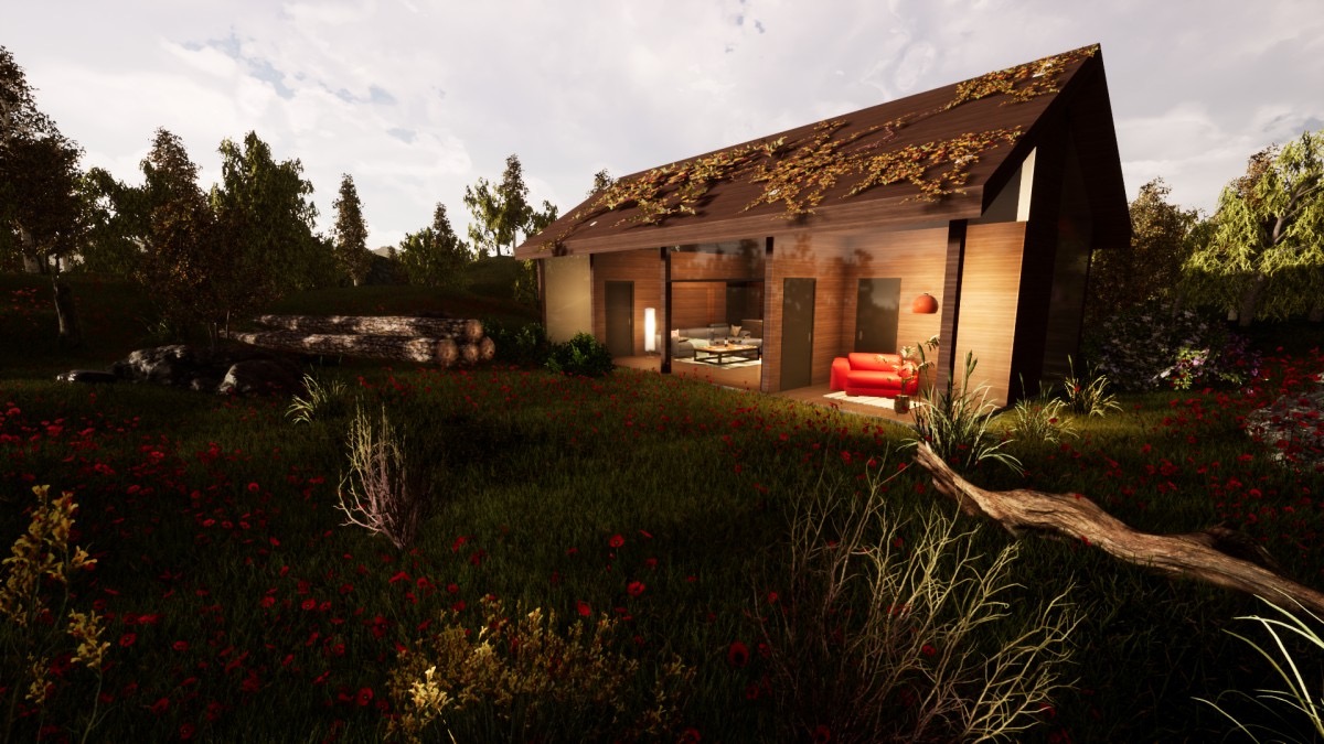 Nowoczesny dom z drewnianą elewacją, zarośnięty pnączami, otoczony łąką z czerwonymi kwiatami, widok na wnętrze przez szklaną ścianę.