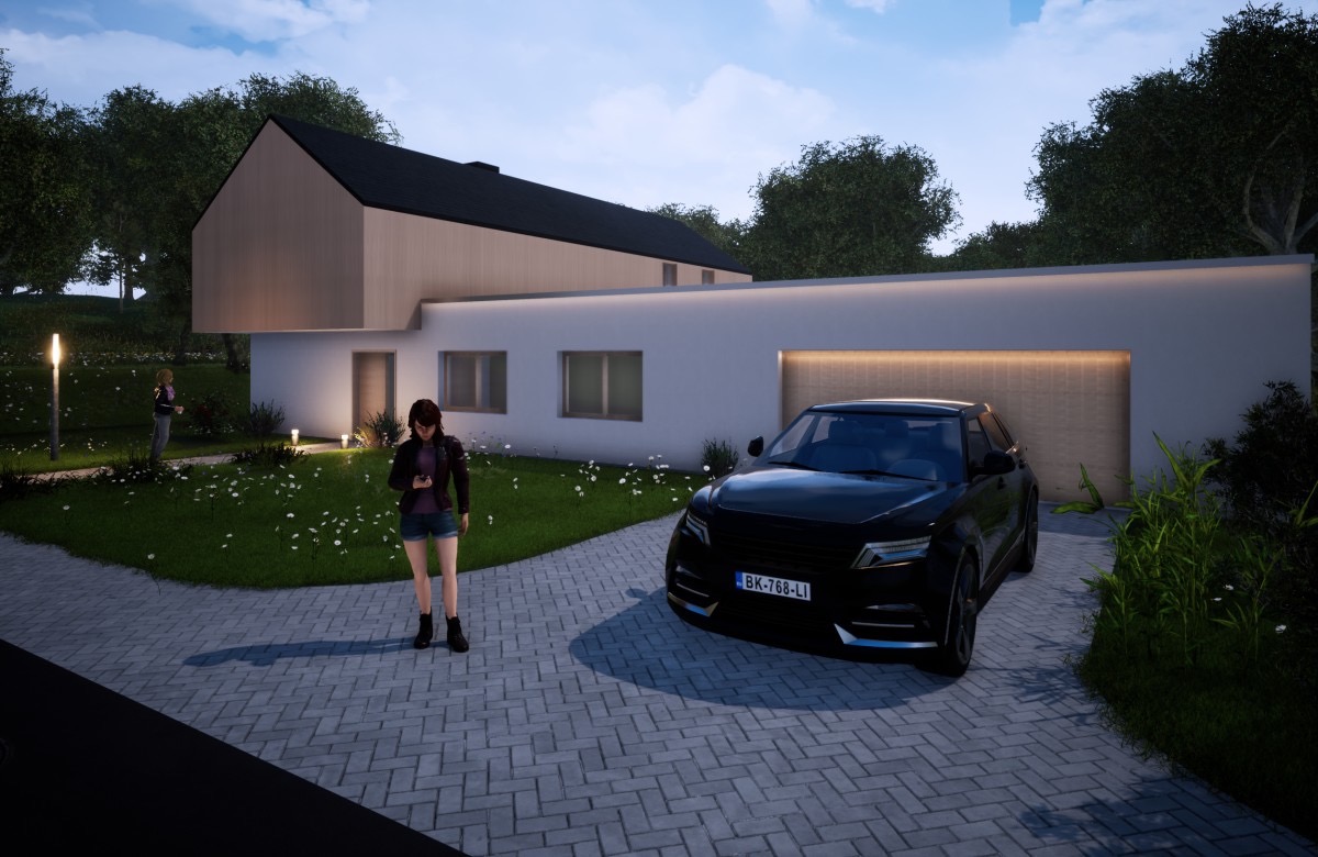 Wizualizacja nowoczesnego domu jednorodzinnego z płaskim dachem, podświetlonym garażem i czarnym samochodem na brukowanym podjeździe, z dwiema postaciami w oddali i na pierwszym planie.