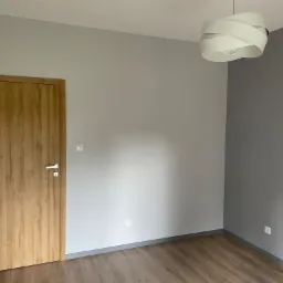 Pomalowane na szaro ściany w pokoju z drewnianą podłogą, widoczna drewniana okleina drzwi, biała lampa sufitowa i listwy przypodłogowe w kolorze szarym.