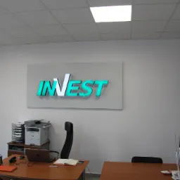 Biuro z podświetlanym logo 'INVEST' na ścianie, widoczne biurka, krzesła, laptop i drukarka.