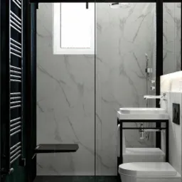 Nowoczesna łazienka w Gliwicach z kabiną prysznicową typu walk-in, marmurowymi płytkami, podwieszaną toaletą i minimalistyczną umywalką na czarnym stelażu.