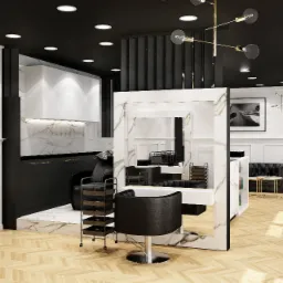 Wizualizacja wnętrza salonu fryzjerskiego w czerni i bieli z akcentami złota, z marmurowymi detalami, nowoczesnym oświetleniem i designerskimi meblami.