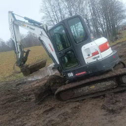 Biało-szara mini koparka Bobcat E50 z łyżką zanurzoną w błotnistym wykopie, w tle drzewa bez liści i pochmurne niebo.