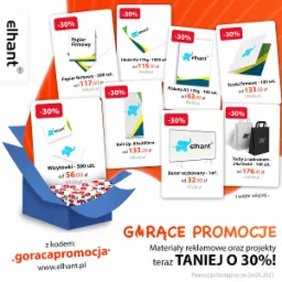 Graficzna prezentacja oferty drukarni z promocją -30% na materiały reklamowe, w tym wizytówki w niebieskim pudełku, ulotki, plakaty, teczki firmowe, roll-upy, banery i torby z nadrukiem, wszystko...