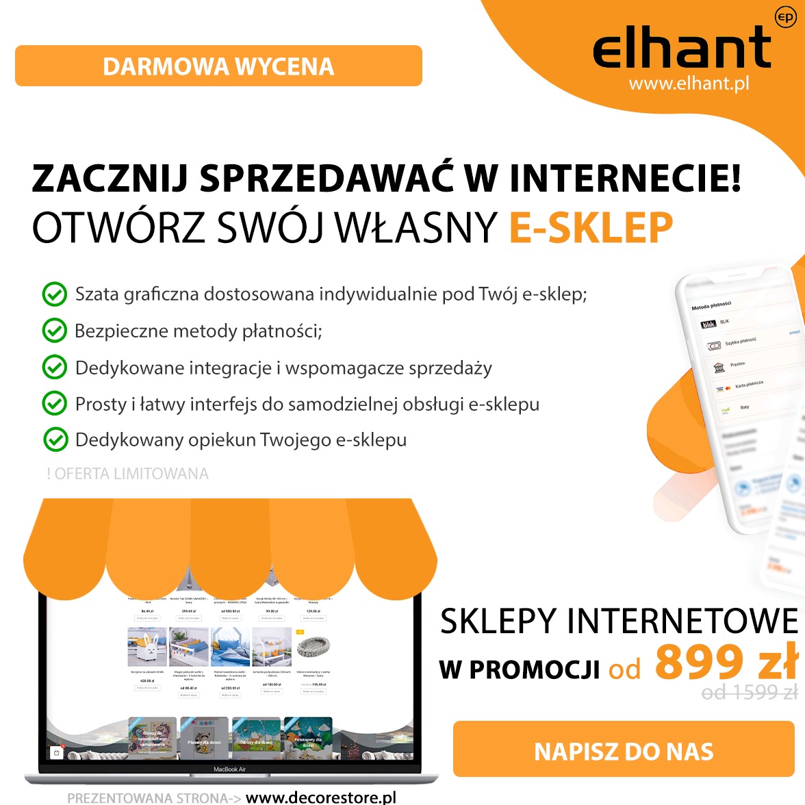 Reklama tworzenia sklepów internetowych z ofertą promocyjną, prezentująca przykładowy sklep na ekranie laptopa i interfejs płatności na smartfonie, z logo firmy Elhant w prawym górnym rogu.