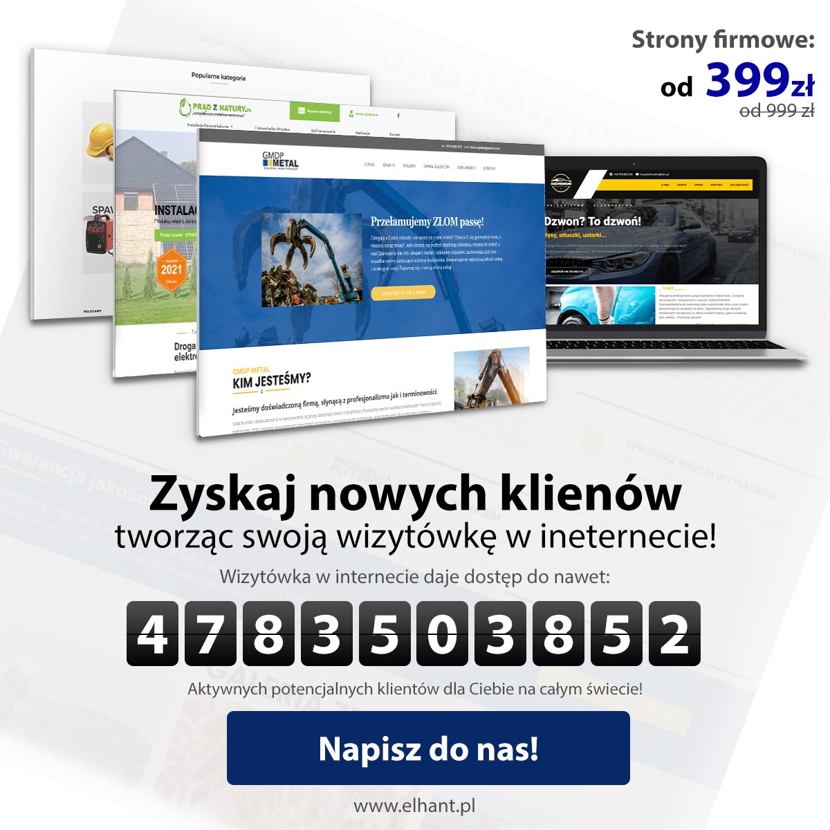 Laptop z wyświetlonymi trzema różnymi stronami internetowymi, w tle oferta cenowa na strony firmowe od 399 zł, poniżej informacja o wizytówce w internecie i zasięgu 478 milionów potencjalnych...