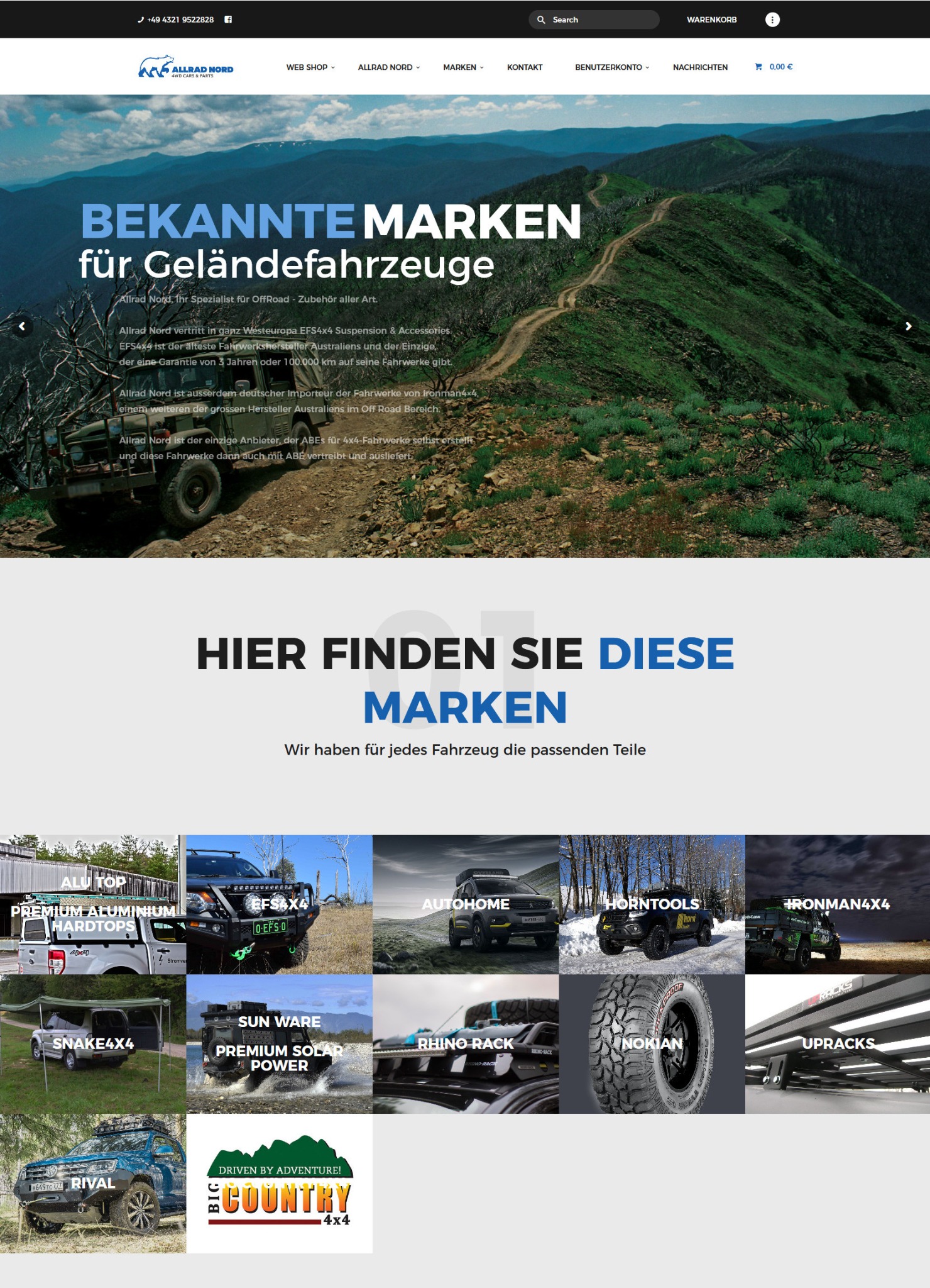 Strona internetowa firmy Allrad Nord prezentująca ofertę części do samochodów terenowych, z widocznym logo firmy w lewym górnym rogu i zdjęciem terenowego krajobrazu w tle.