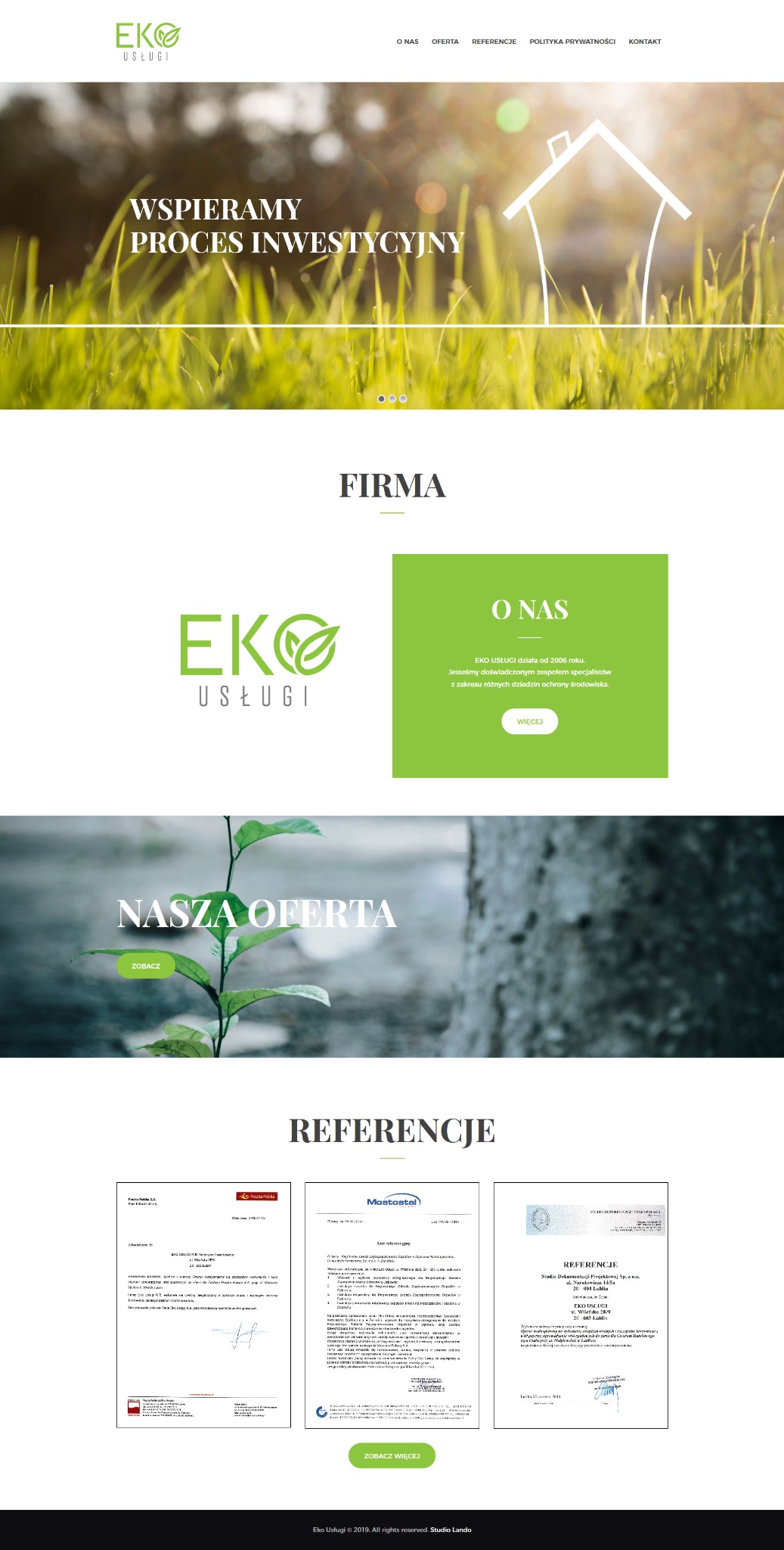 Strona internetowa firmy EKO USŁUGI z elementami graficznymi nawiązującymi do ekologii, w tym logo, zielona trawa i symbol domu, oraz sekcje takie jak 'O Nas', 'Nasza Oferta' i 'Referencje'.
