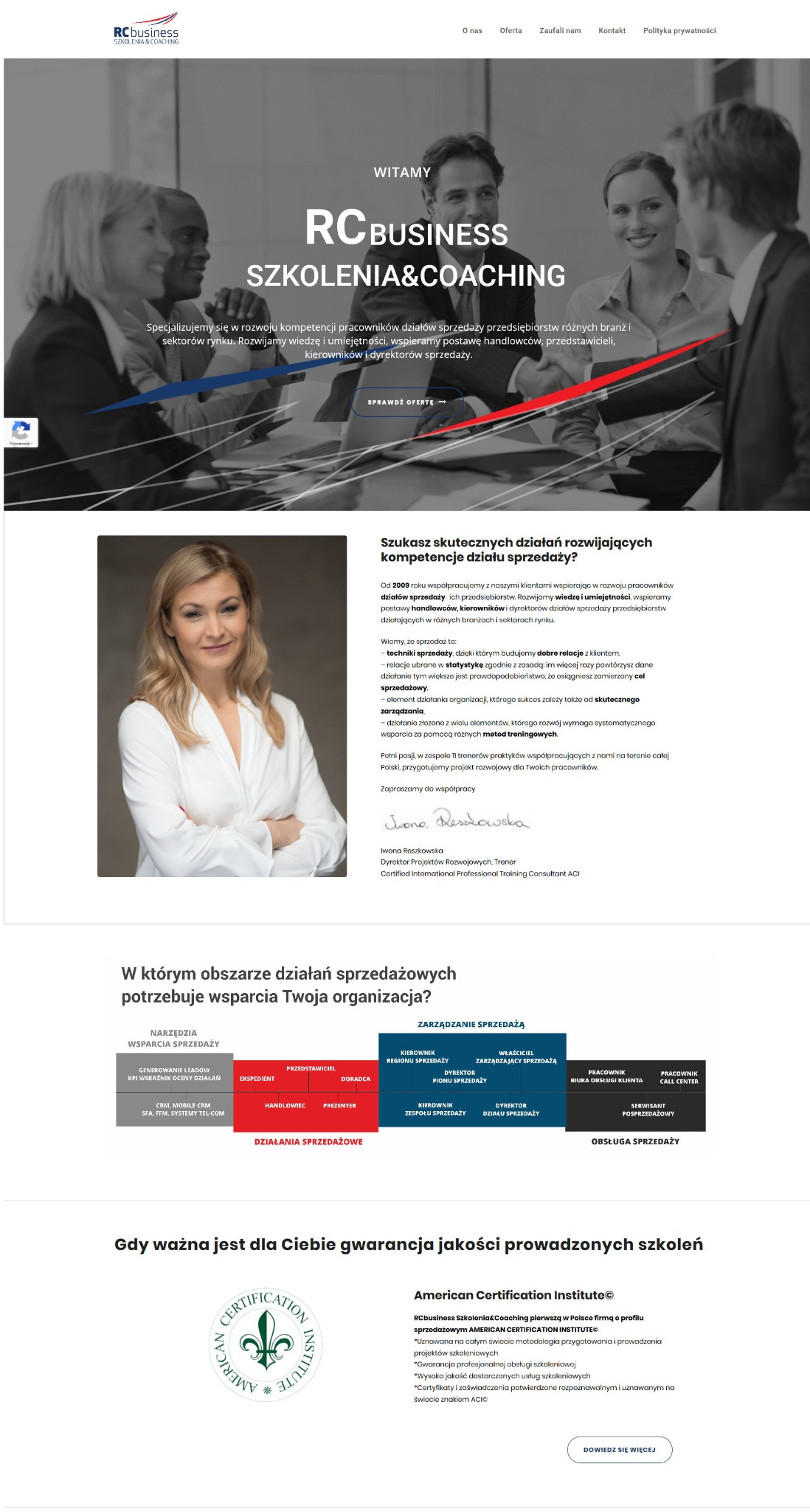 Strona internetowa firmy RCBusiness Szkolenia & Coaching, specjalizującej się w rozwoju kompetencji pracowników działów sprzedaży. Na pierwszym planie uśmiechnięci pracownicy podczas spotkania...