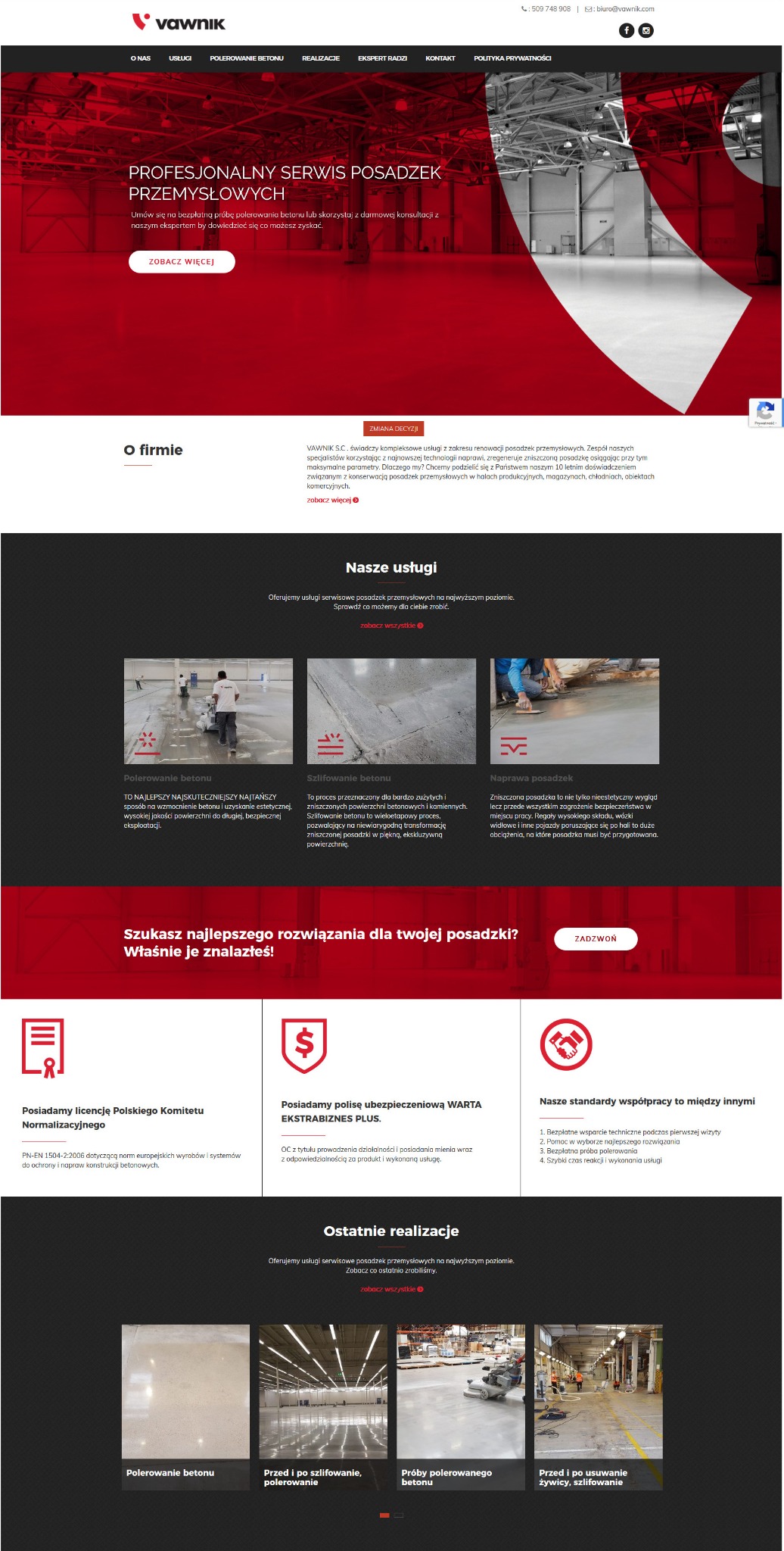 Strona internetowa firmy Vawnik S.C. specjalizującej się w renowacji posadzek przemysłowych, prezentująca ofertę profesjonalnego serwisu posadzek przemysłowych, z logo firmy w lewym górnym rogu...