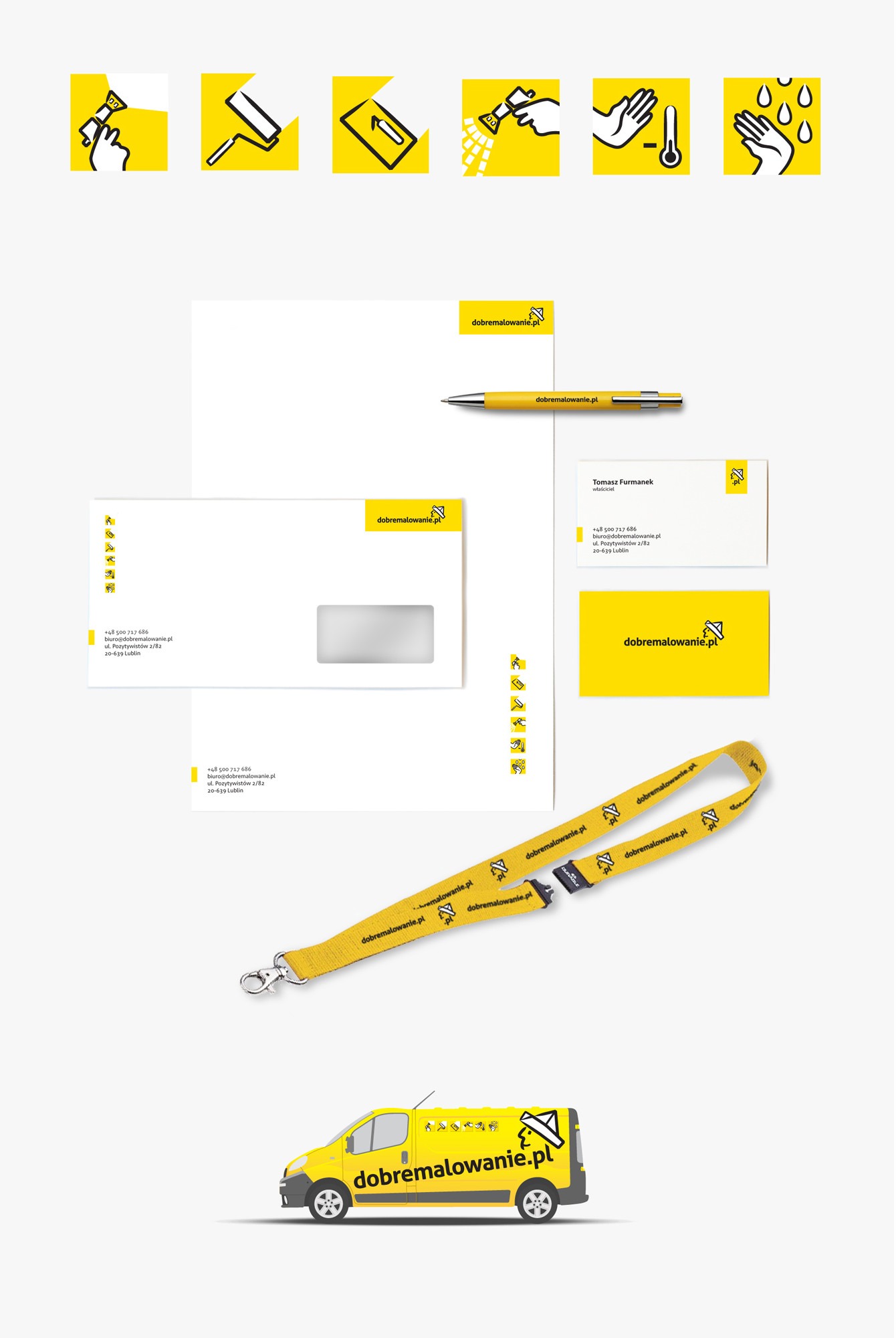 Identyfikacja wizualna firmy malarskiej: wizytówka, papier firmowy, koperta, smycz, długopis i samochód dostawczy, wszystko w kolorze żółtym z logo.