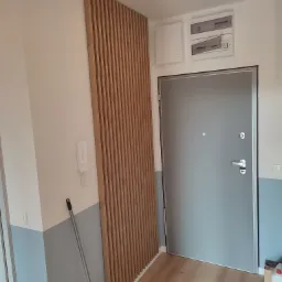 Szara ściana z drewnianymi lamelami dekoracyjnymi, szare drzwi wejściowe, biały sufit z okrągłą lampą, widoczny domofon i skrzynka bezpiecznikowa, podłoga z paneli w kolorze jasnego drewna, ściany...