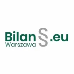 Logo firmy Bilans.eu Warszawa, nazwa w kolorze ciemnozielonym, z szarym symbolem paragrafu, na białym tle.