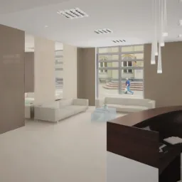 Wnętrze kancelarii notarialnej z recepcją o zaokrąglonym kształcie, białymi sofami i widokiem na zewnątrz przez duże okna.