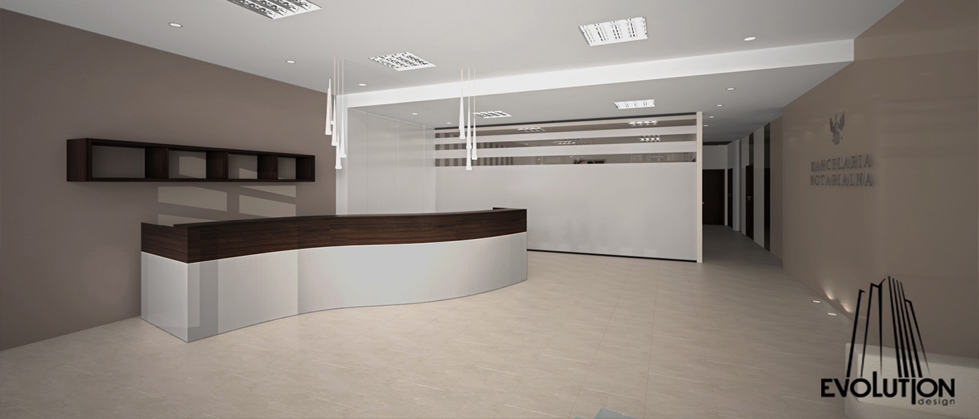 Nowoczesne wnętrze kancelarii z recepcją o falistym kształcie, drewnianym blatem i podświetlanymi lampami wiszącymi, na ścianie napis 'KANCELARIA NOTARIALNA' i godło.