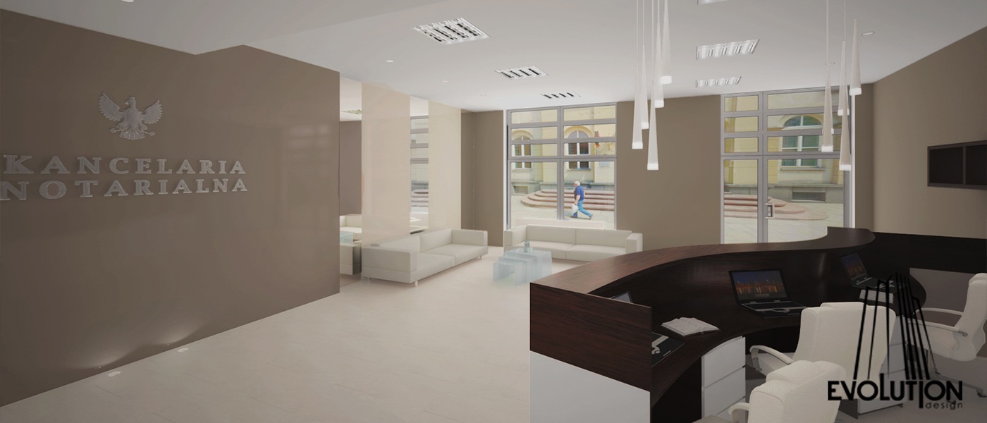 Wnętrze kancelarii notarialnej z recepcją o zaokrąglonym kształcie, białymi sofami i widokiem na zewnątrz przez duże okna.