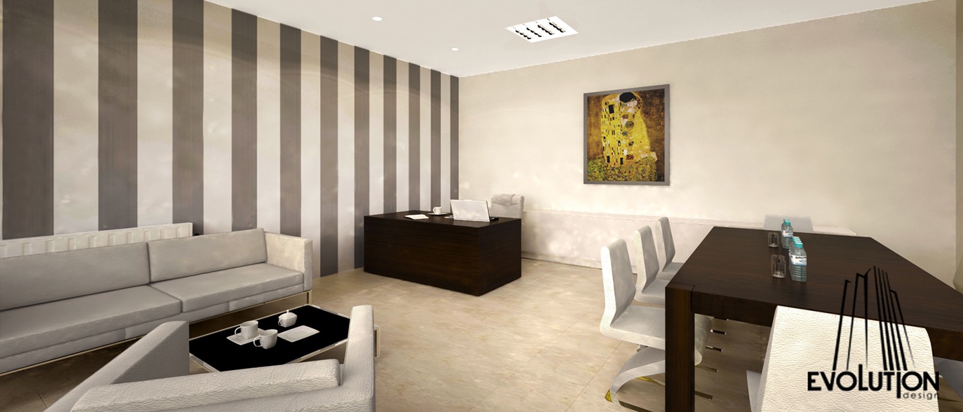 Klimatyzowane biuro z sofą, stolikiem kawowym z filiżankami, biurkiem z laptopem i stołem konferencyjnym z butelkami wody, oświetlone lampami sufitowymi, z obrazem 'Pocałunek' Gustava Klimta...