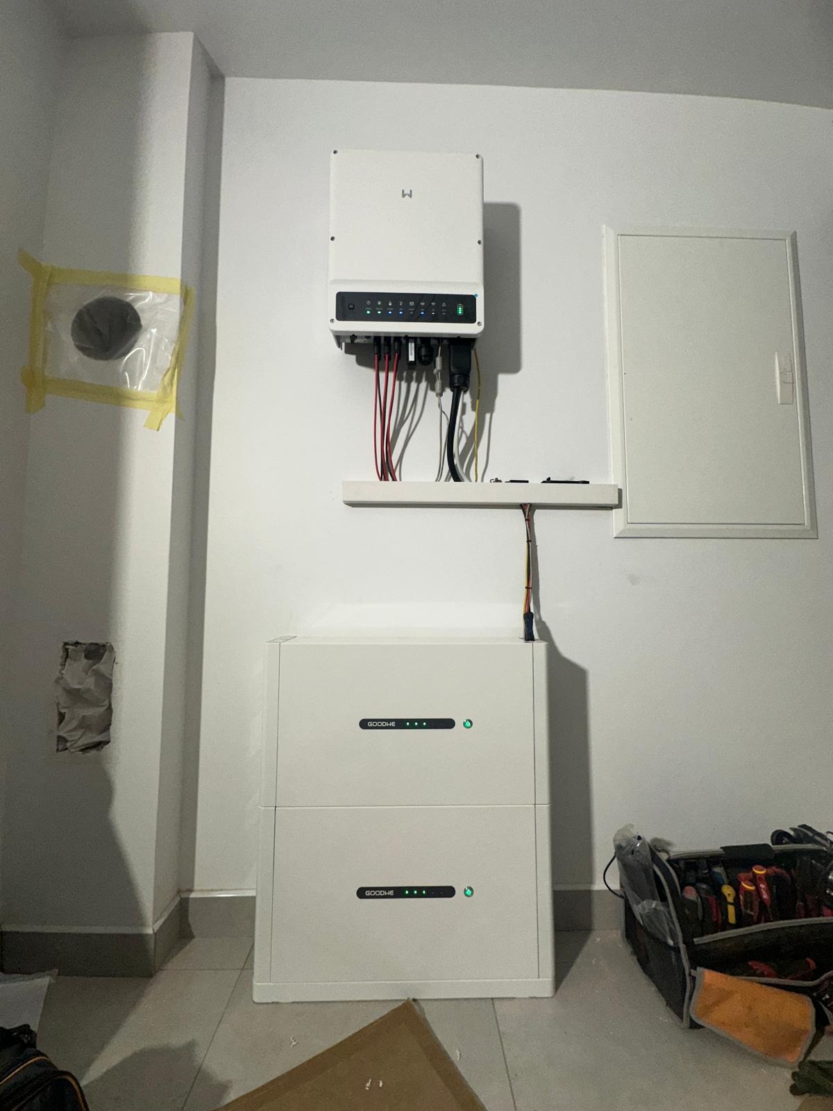 Biała skrzynka inwertera z podłączonymi kablami, zamontowana na ścianie nad dwoma akumulatorami, obok skrzynka elektryczna i zaklejony otwór w ścianie, widoczny także częściowo torba z narzędziami.