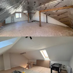 Poddasze przed i po remoncie: górna część pokazuje ocieplenie folią aluminiową i drewniane belki, dolna część ukazuje wykończone wnętrze z podłogą, oknem dachowym i stołem do piłkarzyków.