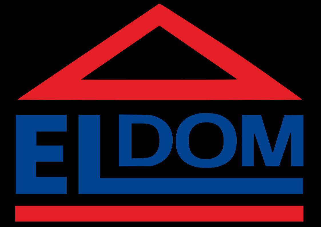 Logo firmy ELDOM: czerwony zarys domu nad niebieskim napisem ELDOM, całość na czarnym tle.