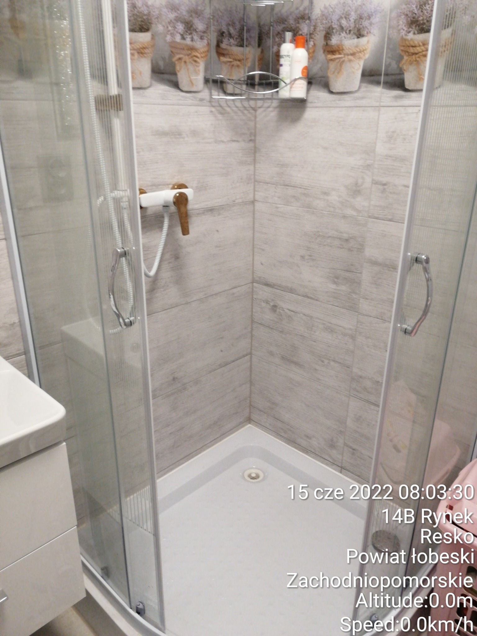 Kabina prysznicowa z białym brodzikiem i szklanymi drzwiami, ściany wyłożone szarymi płytkami imitującymi drewno, na półce nad baterią umieszczone dekoracyjne kwiaty w doniczkach i kosmetyki.