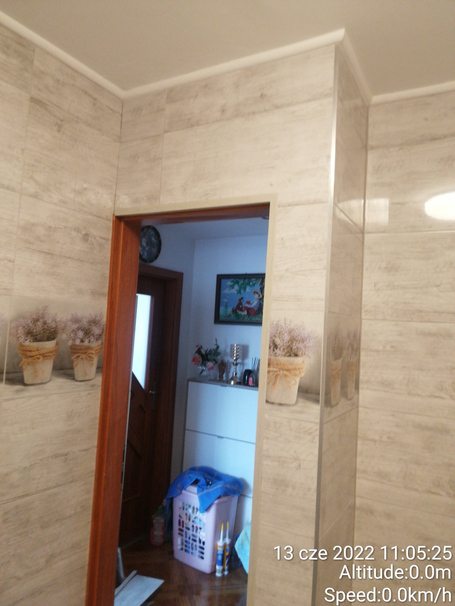 Wykończona łazienka w Węgorzynie z płytkami imitującymi drewno na ścianach, widoczne wejście do innego pomieszczenia i dekoracje w postaci kwiatów w doniczkach.